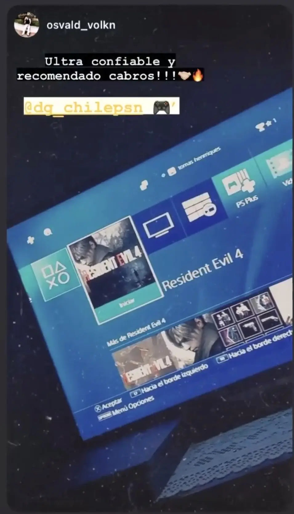 Cliente recomendando a PSNCHILE como ultra confiable después de instalar Resident Evil 4