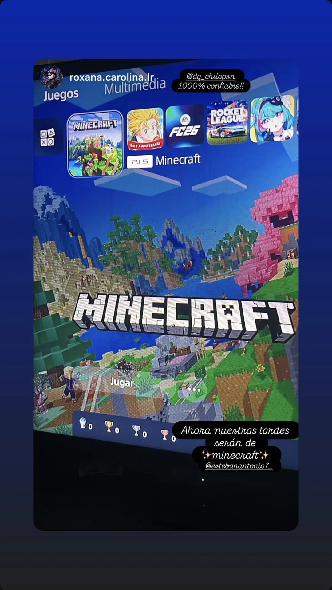 Cliente jugando Minecraft y calificando a PSNCHILE como confiable
