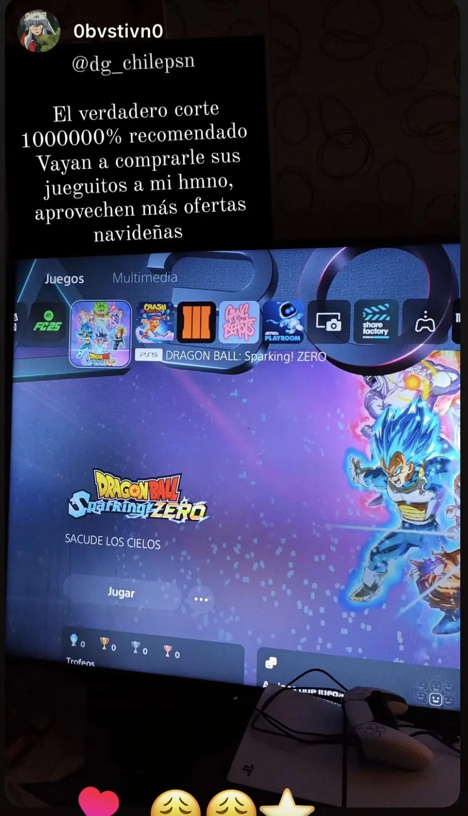 Cliente recomendando PSNCHILE mientras juega Dragon Ball Sparking Zero